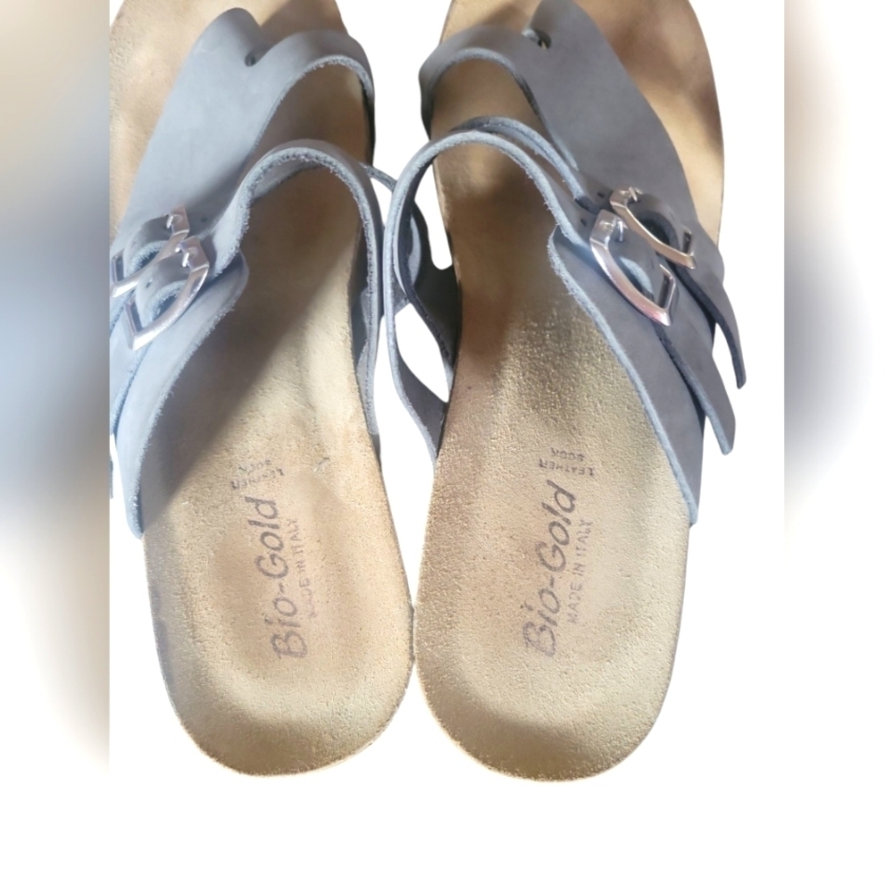 Bio-Gold Women's Gray Leather Cork Wedge Made In Italy Sandals SZ 9 - Picture 5 of 9